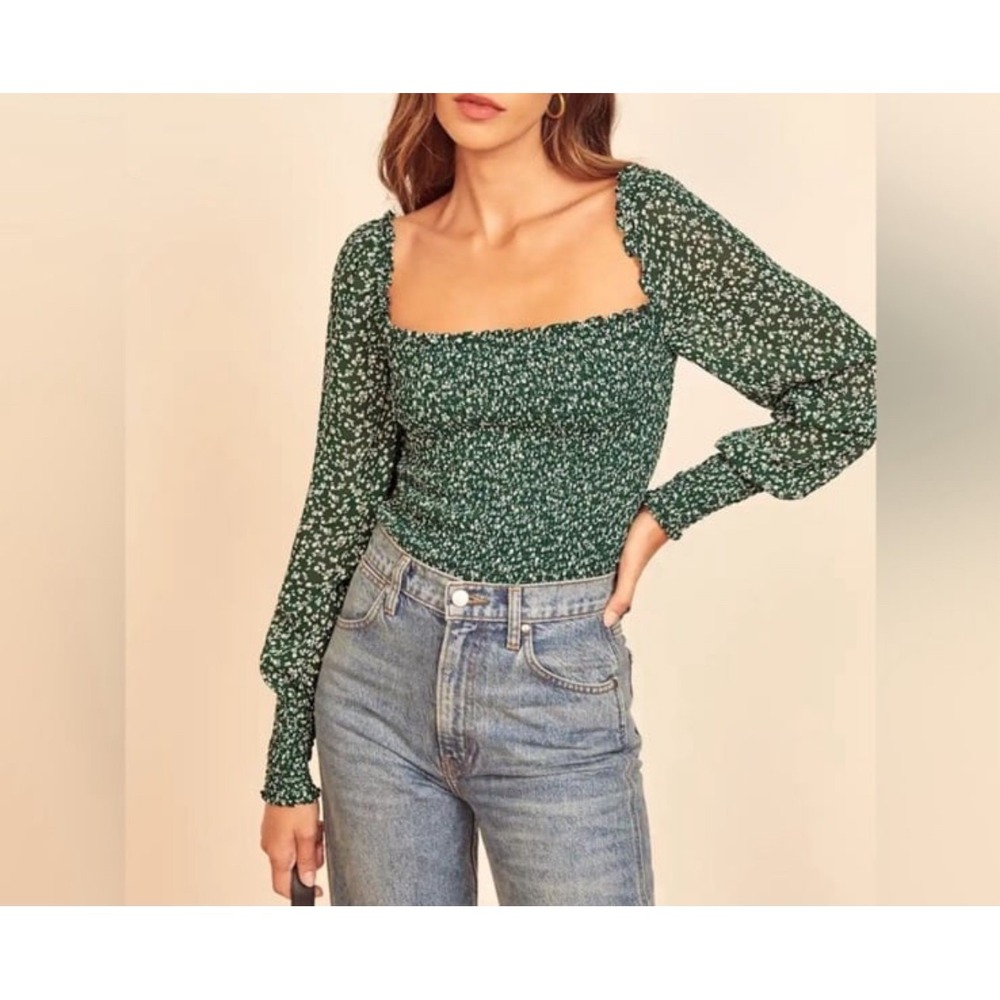 Reformation‎ Womens Size S Pinto Floral Top Green Ditsy Print Smocked Cropped